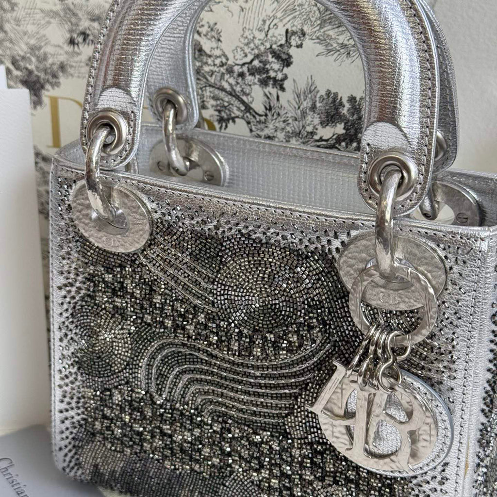 99%New🆕 Dior Lady Dior Metalic Silver Embroidered art collection (2018) #16217