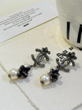 💕 Chanel 12C Flower Pearl Drop Earrings #16250