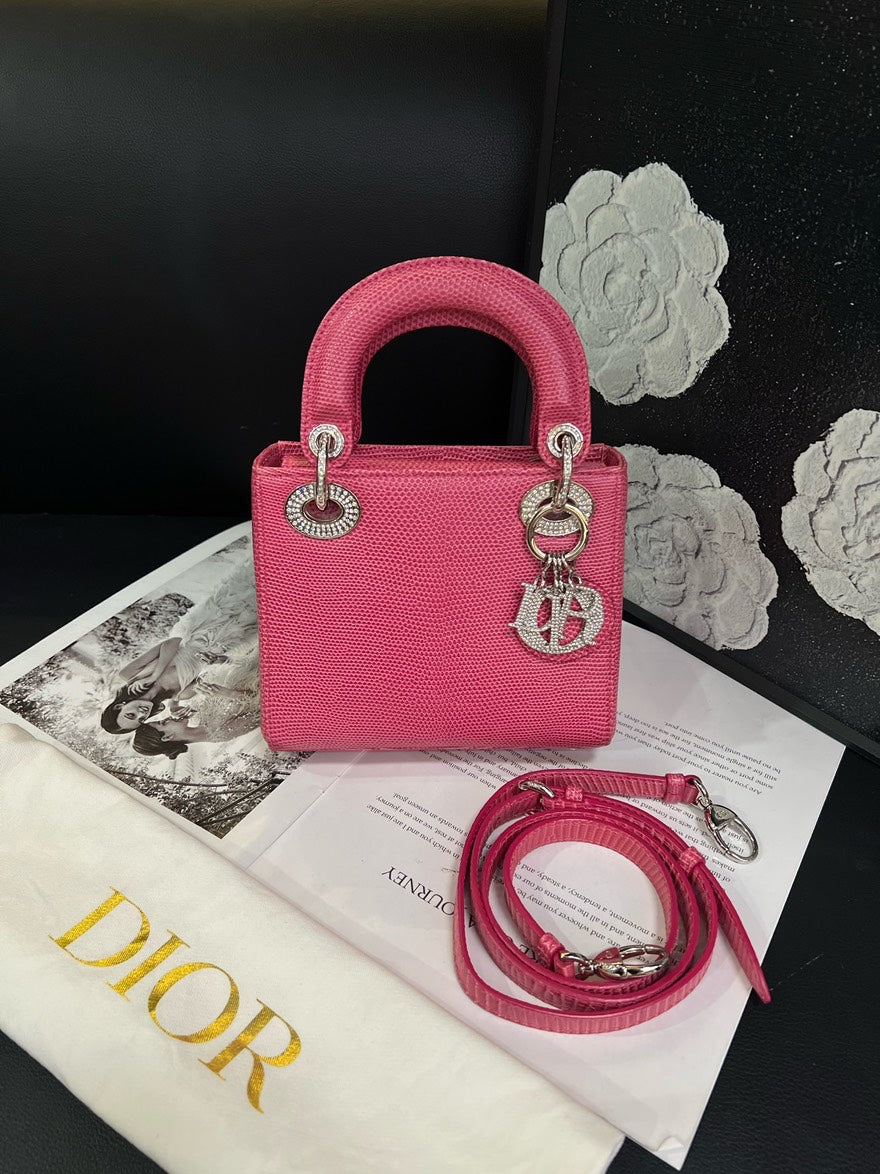 🍒 Dior Pink Lizard Skin Diamond Buckle Lady Dior Crossbody Bag, B4100#