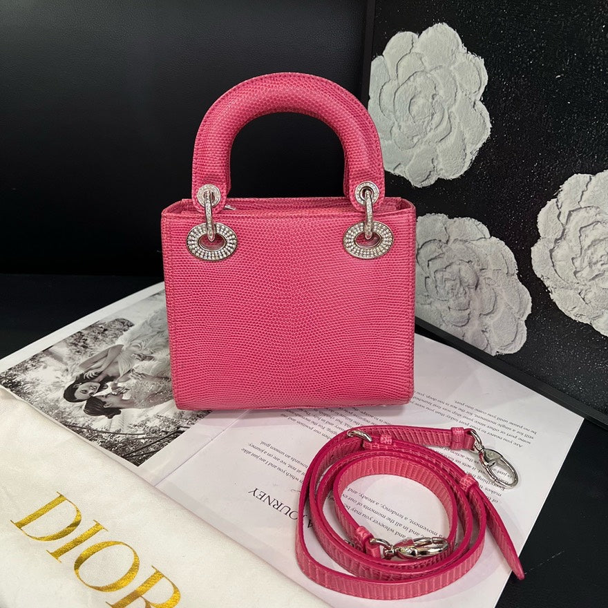 🍒 Dior Pink Lizard Skin Diamond Buckle Lady Dior Crossbody Bag, B4100#