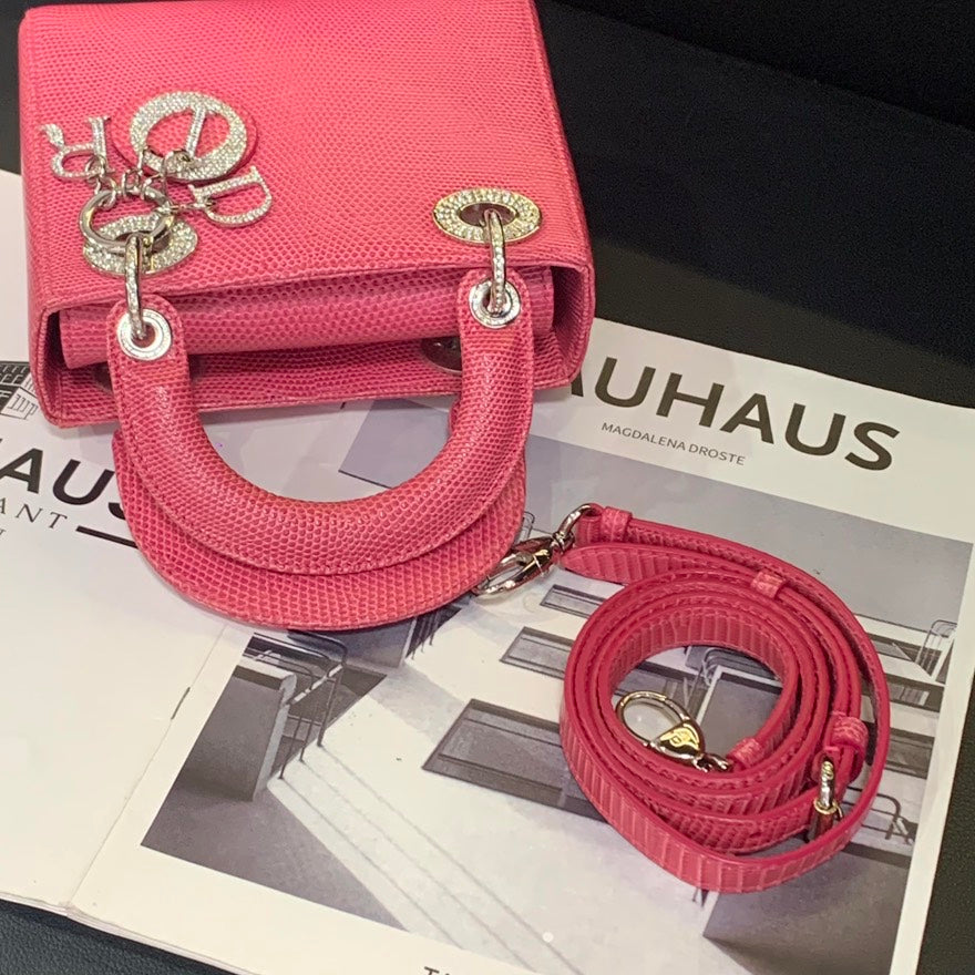🍒 Dior Pink Lizard Skin Diamond Buckle Lady Dior Crossbody Bag, B4100#