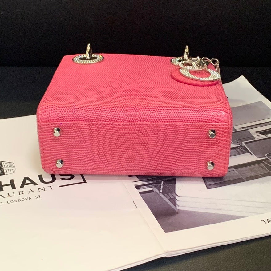 🍒 Dior Pink Lizard Skin Diamond Buckle Lady Dior Crossbody Bag, B4100#