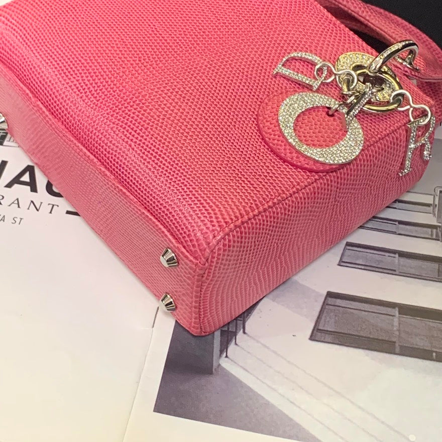 🍒 Dior Pink Lizard Skin Diamond Buckle Lady Dior Crossbody Bag, B4100#