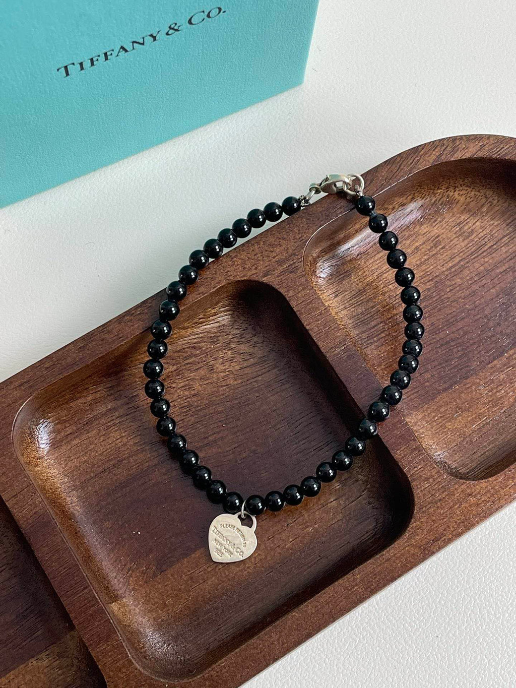 💕 Tiffany & Co. Onyx Beads Bracelet Silver heart Tag #15818