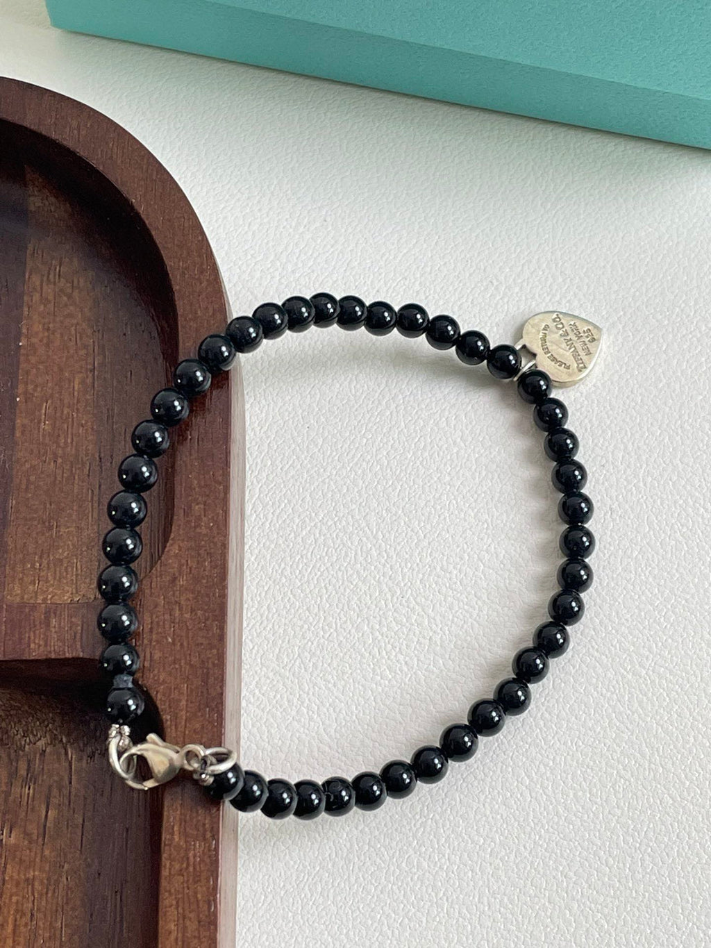 💕 Tiffany & Co. Onyx Beads Bracelet Silver heart Tag #15818
