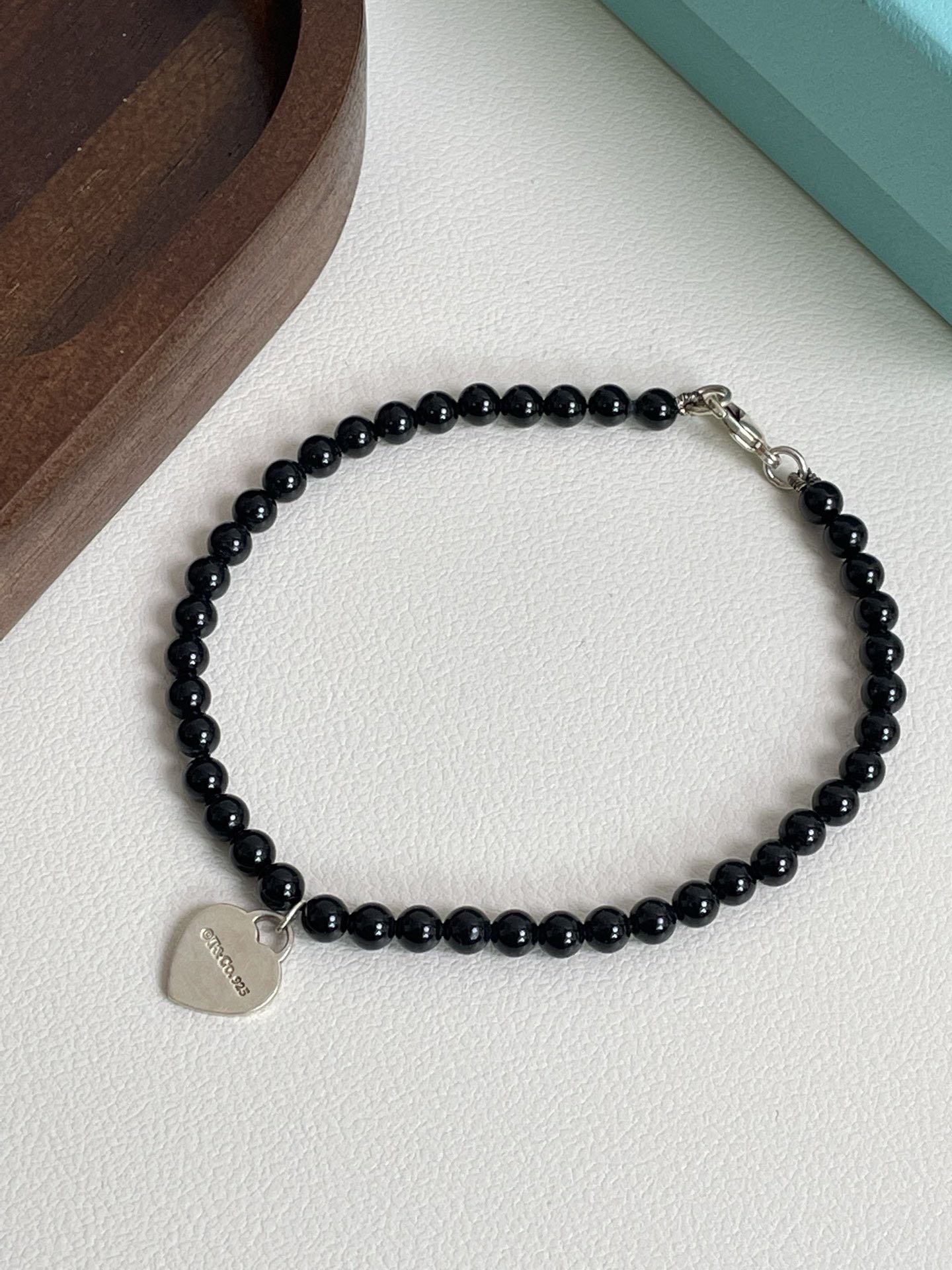 💕 Tiffany & Co. Onyx Beads Bracelet Silver heart Tag #15818