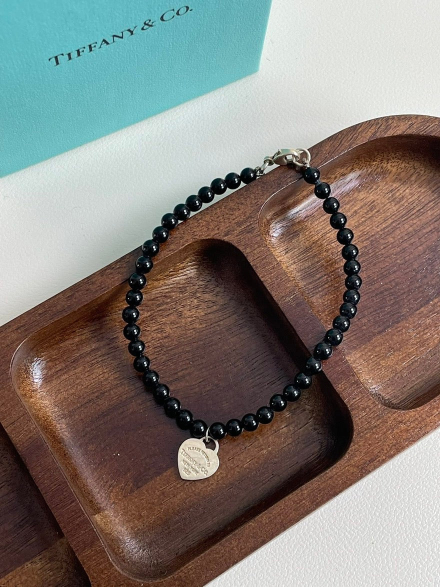 💕 Tiffany & Co. Onyx Beads Bracelet Silver heart Tag #15818