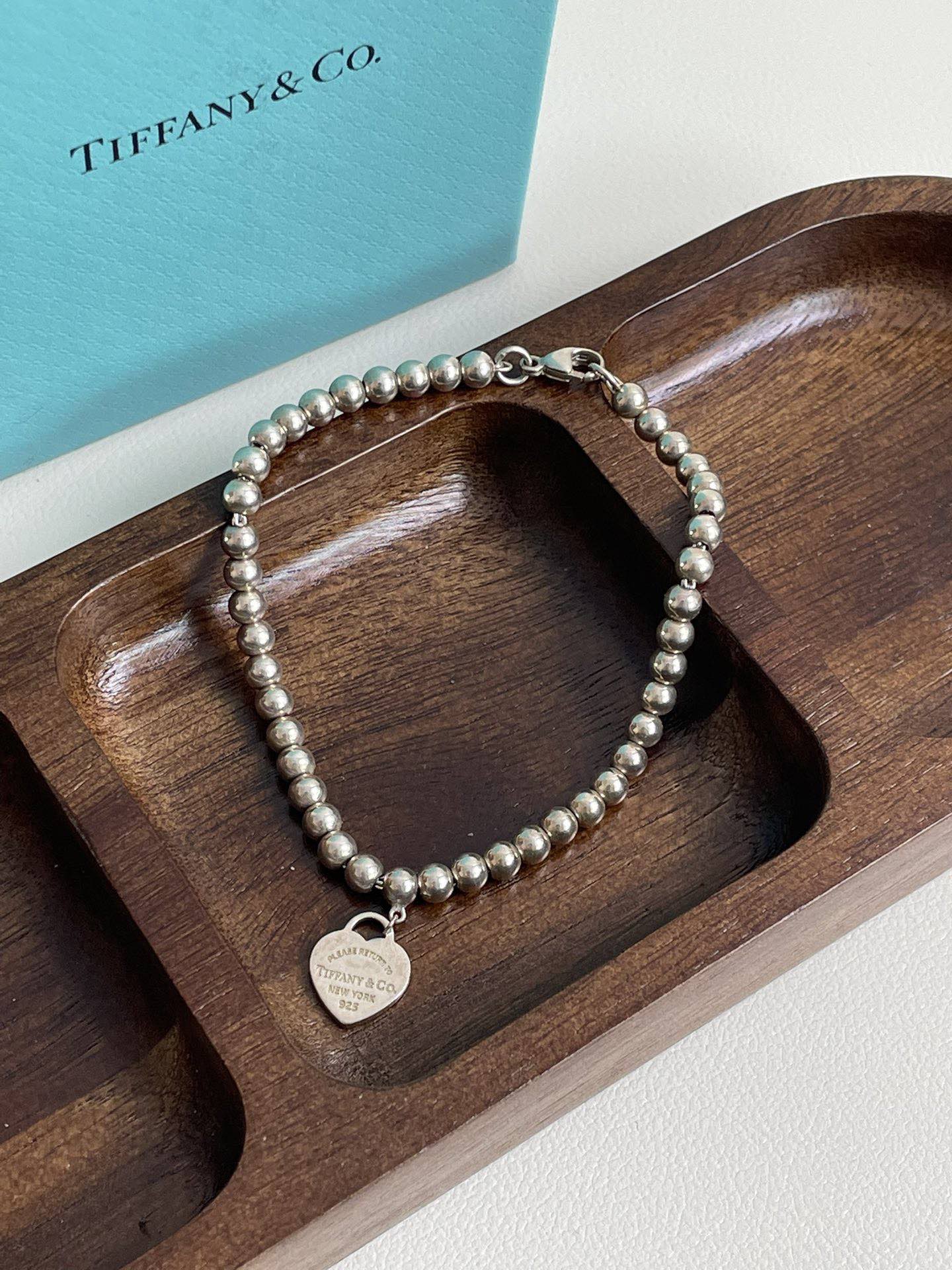 💕 Tiffany & Co 925 Silver Beads Bracelet Heart Tag #15983