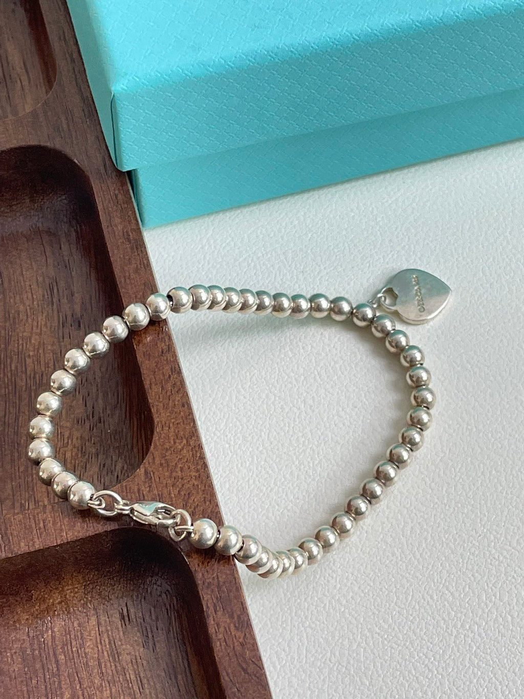 💕 Tiffany & Co 925 Silver Beads Bracelet Heart Tag #15983