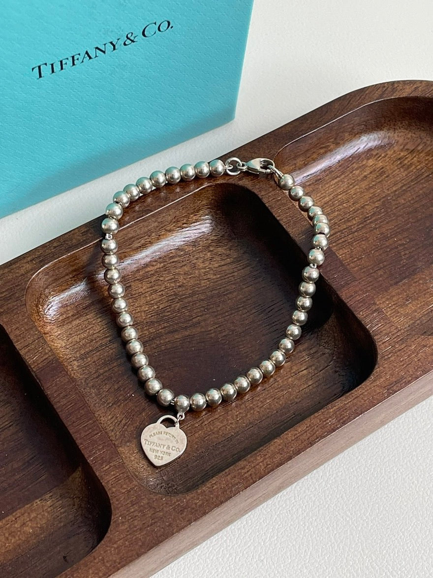 💕 Tiffany & Co 925 Silver Beads Bracelet Heart Tag #15983