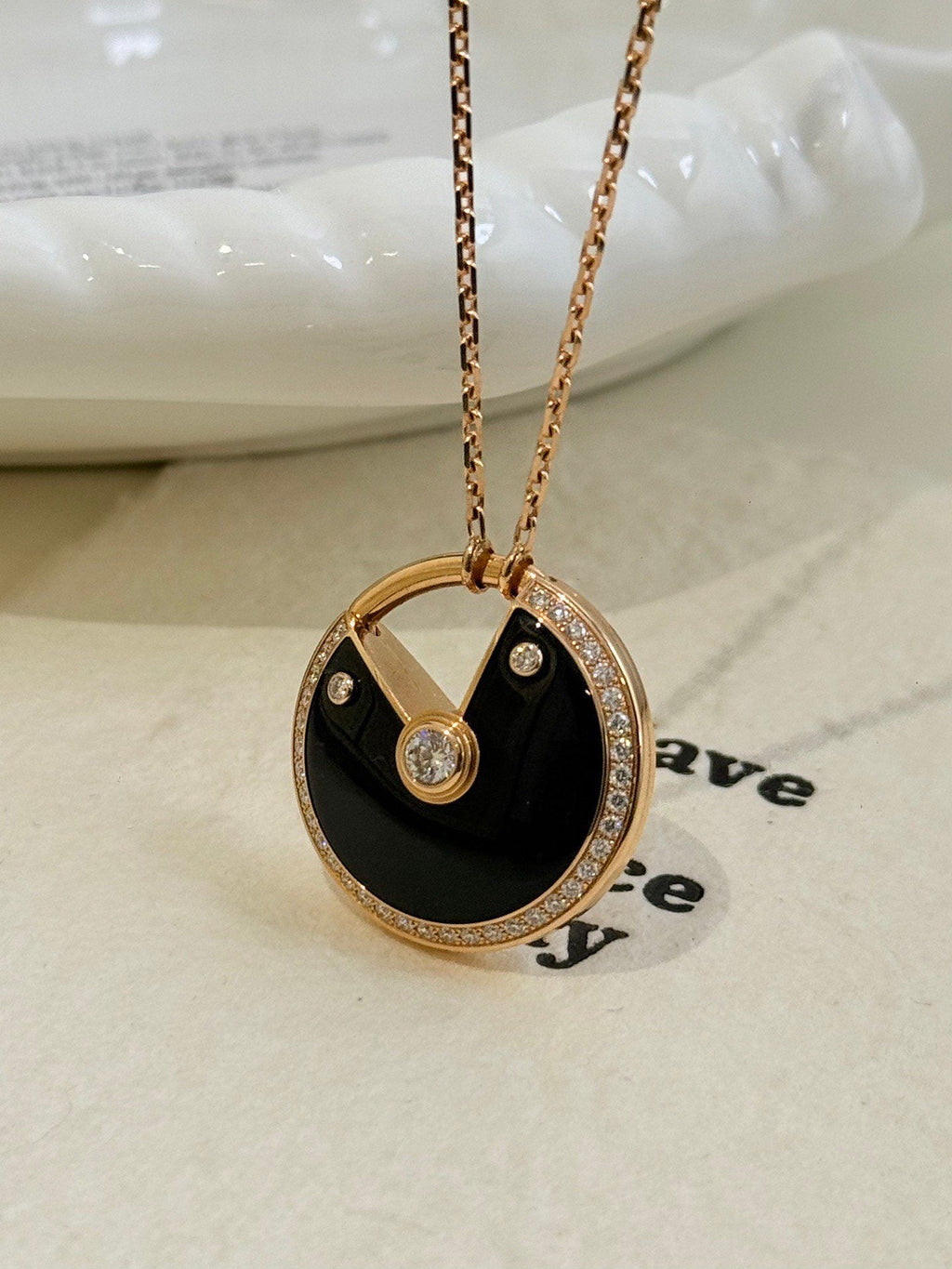 💕 Cartier Amulet Necklace XL, 18k RoseGold Onyx & Diamonds #16458