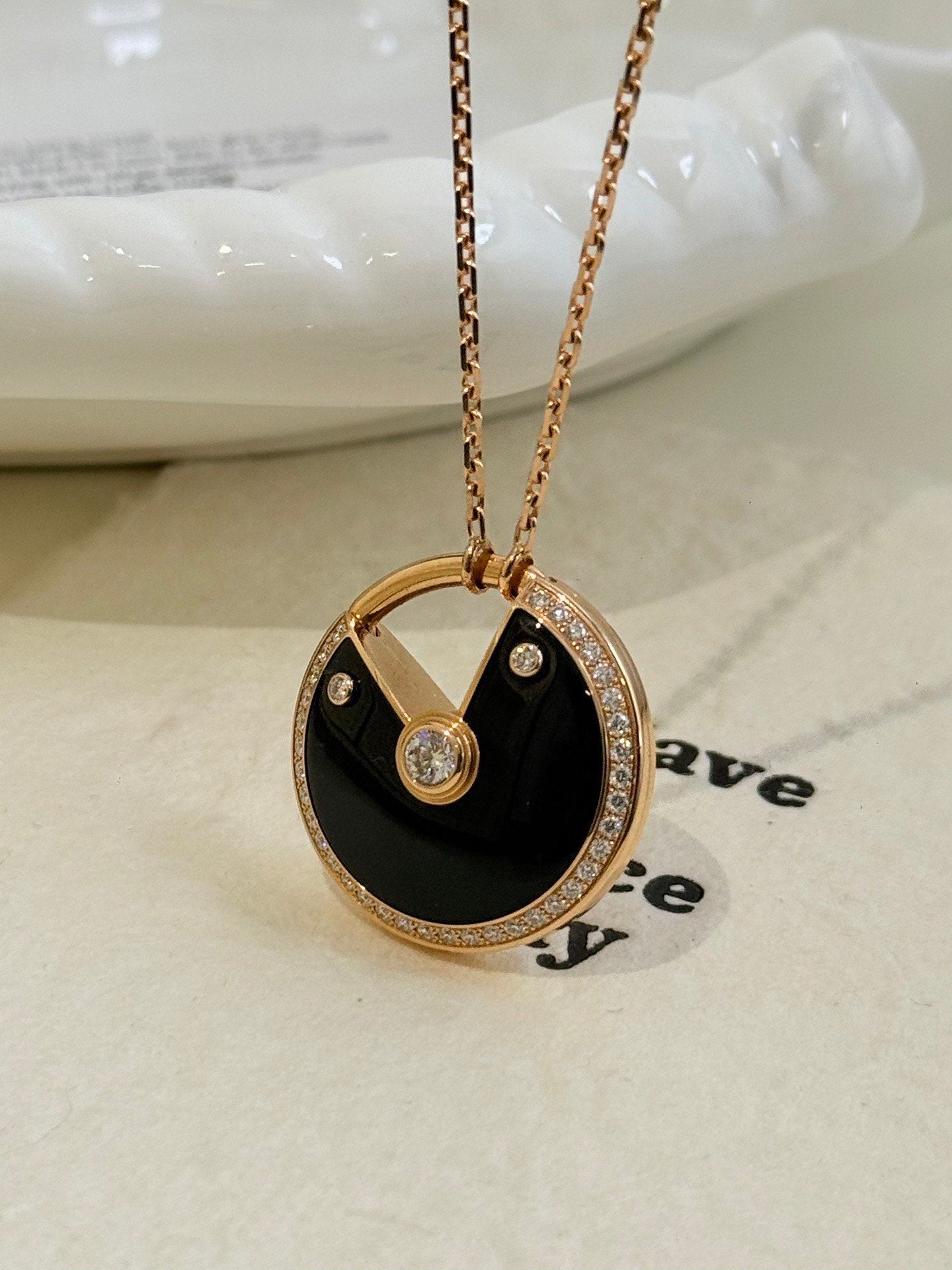 💕 Cartier Amulet Necklace XL, 18k RoseGold Onyx & Diamonds #16458
