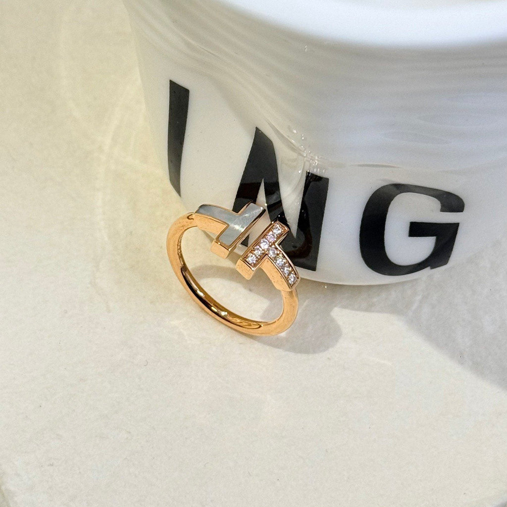 💕 Tiffany & Co. Double T Ring(size 51) 18k RoseGold MOP & Diamond #16497