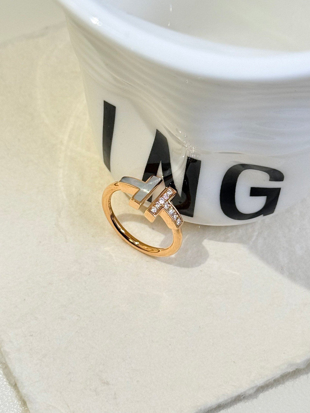 💕 Tiffany & Co. Double T Ring(size 51) 18k RoseGold MOP & Diamond #16497