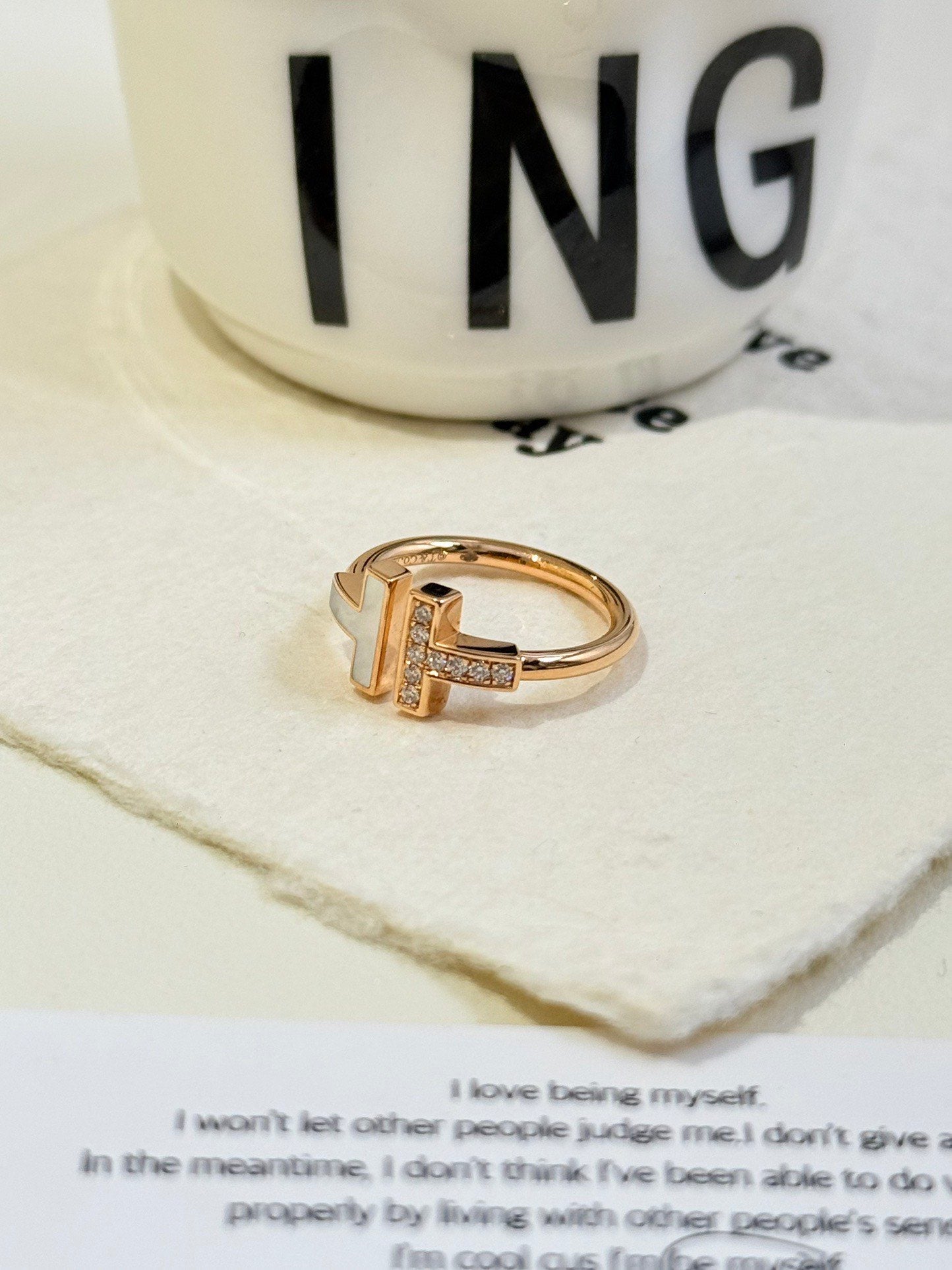 💕 Tiffany & Co. Double T Ring(size 51) 18k RoseGold MOP & Diamond #16497