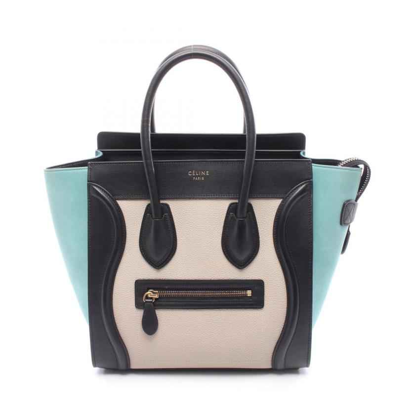   CELINE luggage micro shopper Handbag tote bag leather Nubuck black ivory Light blue 1060017 - Condition A.