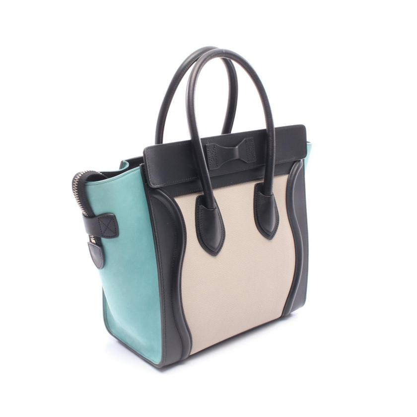 CELINE luggage micro shopper Handbag tote bag leather Nubuck black ivory Light blue 1060017 - Condition A