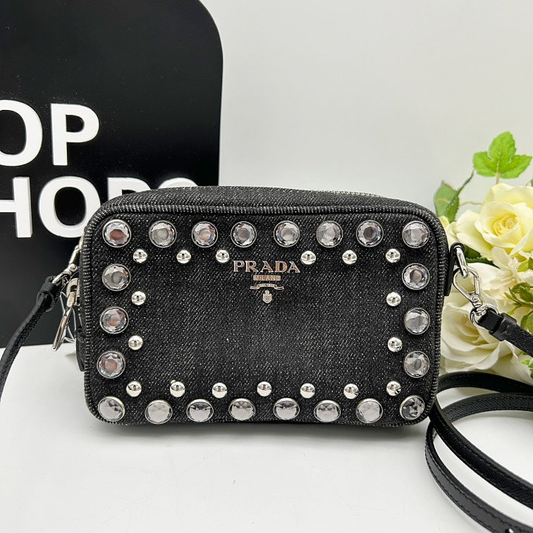 PRADA Crystal Studded Denim Shoulder Bag RS2427329
