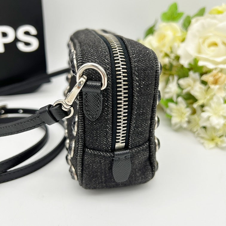 PRADA Crystal Studded Denim Shoulder Bag RS2427329