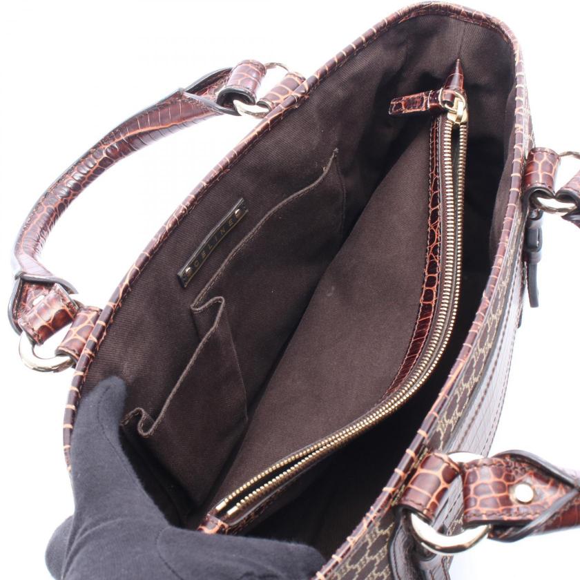 CELINE boogie bag Macadam croc embossed Handbag canvas leather Dark brown beige 1067302 - Condition B