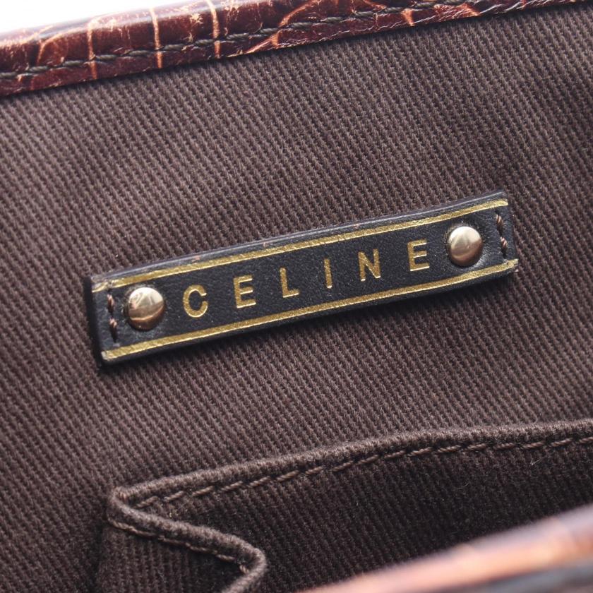 CELINE boogie bag Macadam croc embossed Handbag canvas leather Dark brown beige 1067302 - Condition B