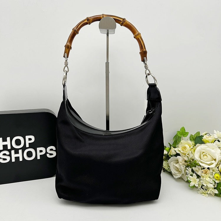 GUCCI Bamboo Handle Nylon Hobo Shoulder Bag AI302.