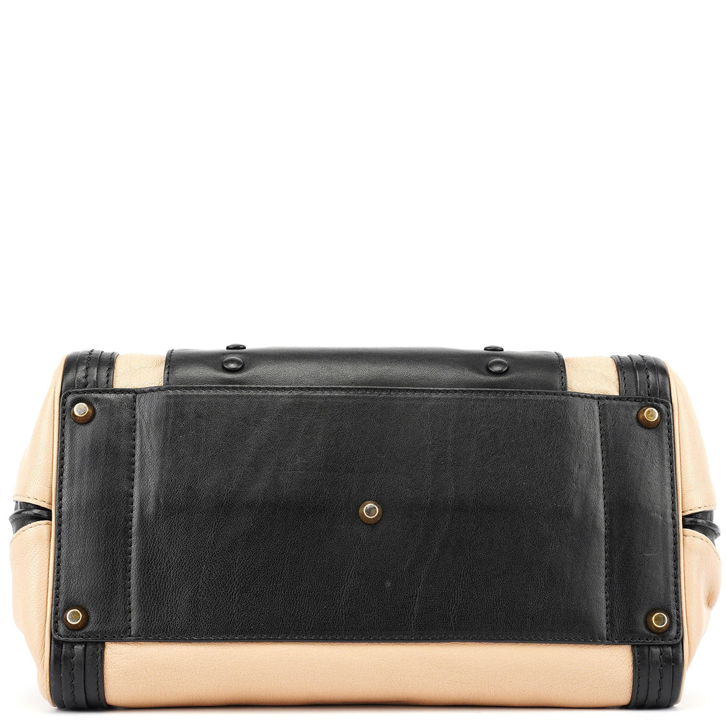 Beige Black Calfskin 2-Way Tote Bag