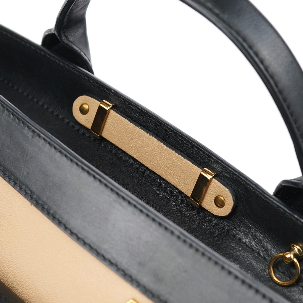 Beige Black Calfskin 2-Way Tote Bag