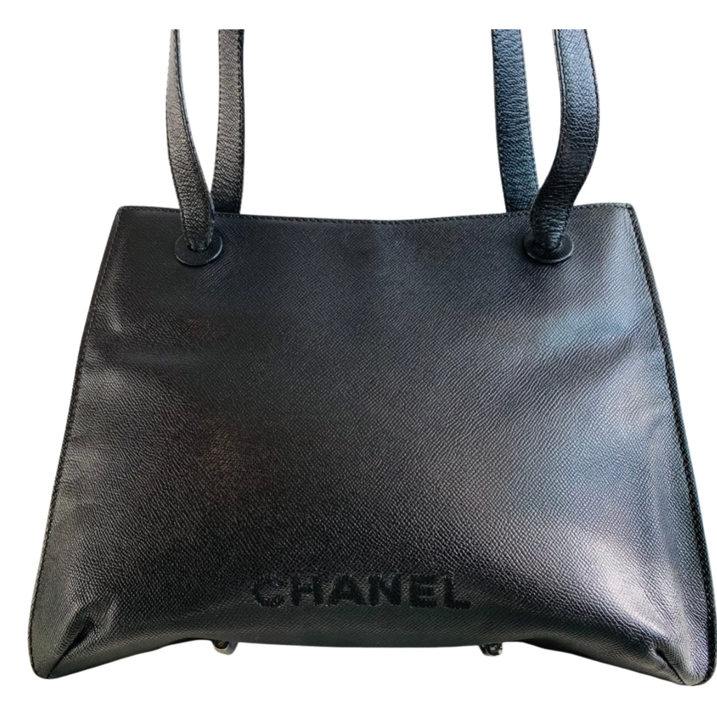 CHANEL Logo Caviar Black Leather Tote Shoulder Bag
