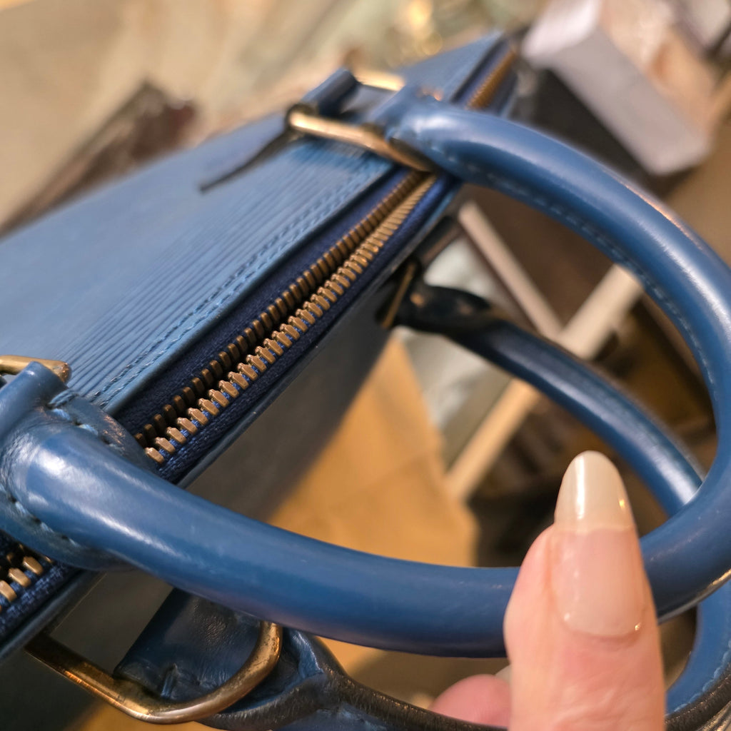 LOUIS VUITTON Epi Alma PM Satchel Handbag with Epi Elise Wallet in Blue