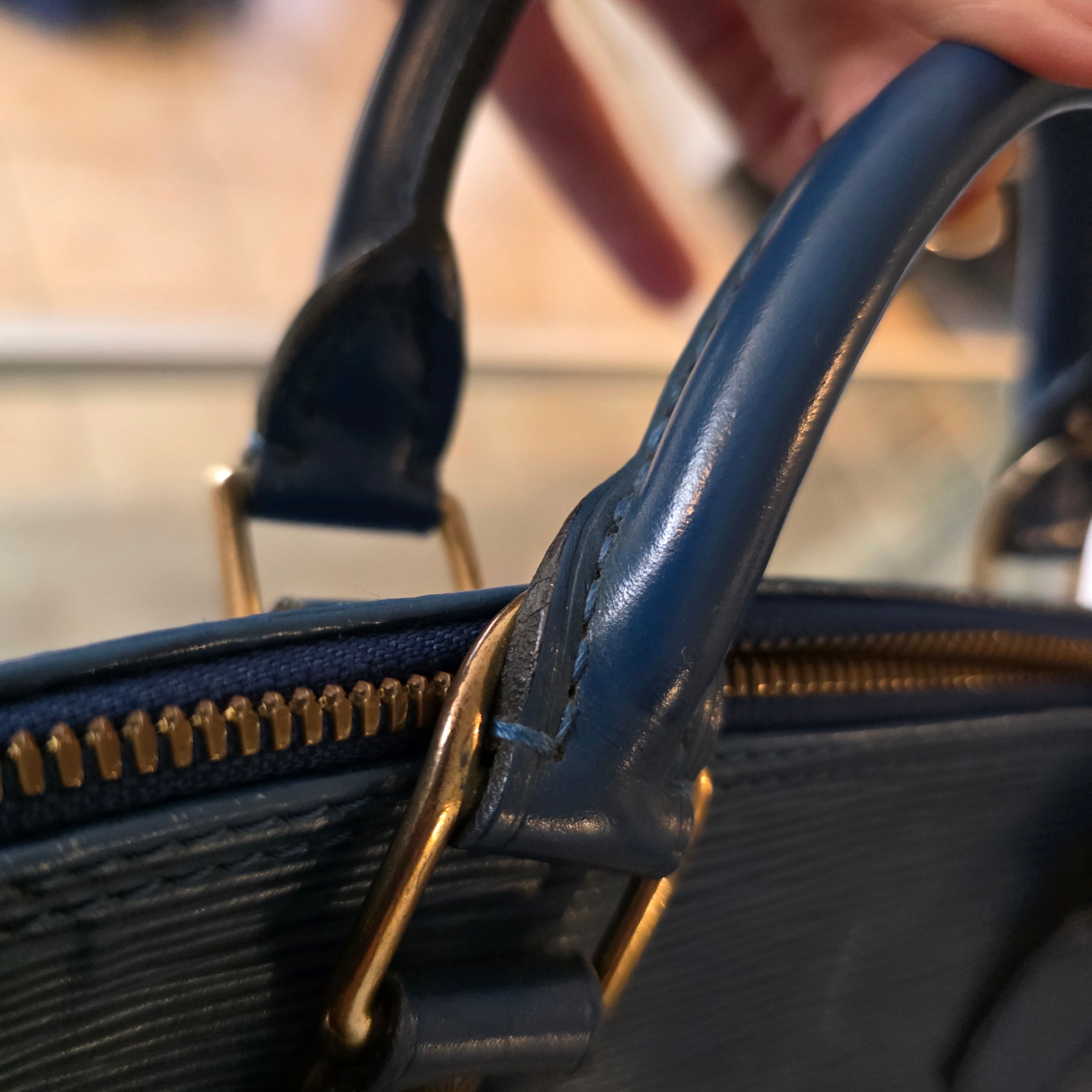 LOUIS VUITTON Epi Alma PM Satchel Handbag with Epi Elise Wallet in Blue