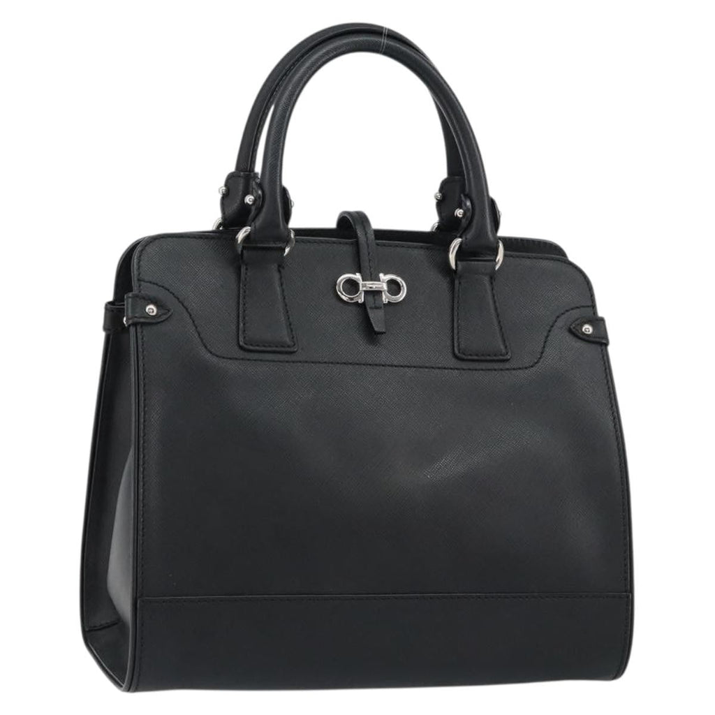 Salvatore Ferragamo Gancini Handbag Leather Black Leather Handbag (Authentic  )