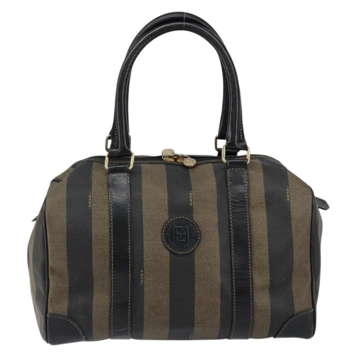 Fendi Vintage Pequin Boston Bag Coated Canvas Brown Canvas Handbag (Authentic  )