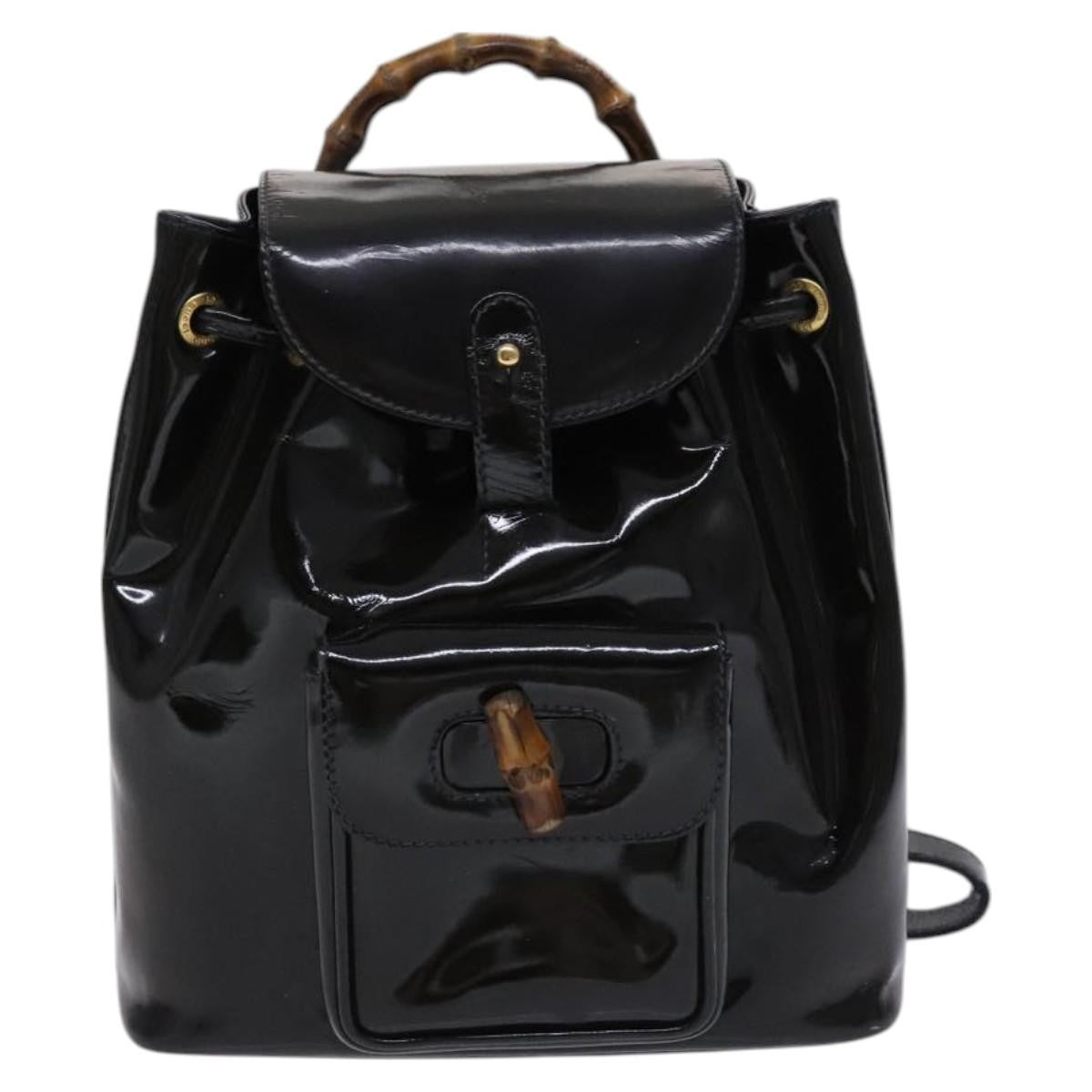 Gucci Vintage Bamboo Backpack Patent Black Patent_Leather Backpack Bag (Authentic  )