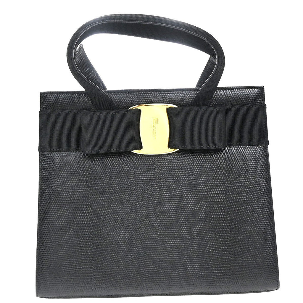 Salvatore Ferragamo Convertible Vara Bow Tote Lizard Embossed Leather Black Leather Handbag (Authentic  )