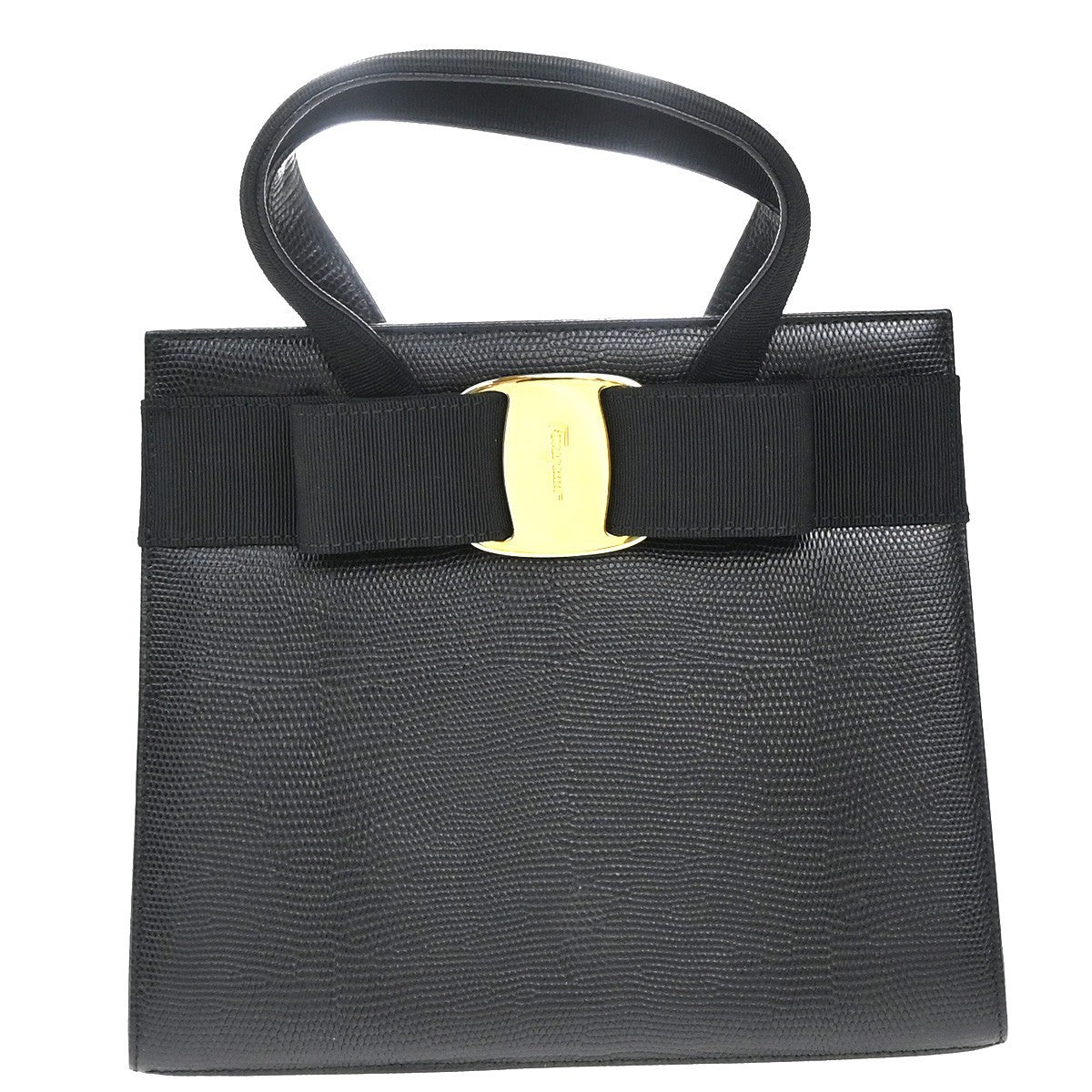 Salvatore Ferragamo Convertible Vara Bow Tote Lizard Embossed Leather Black Leather Handbag (Authentic  )