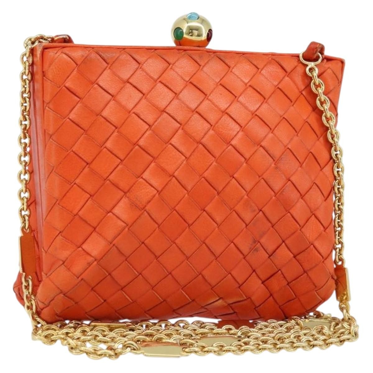 Bottega Veneta Intrecciato Clutch Bag Leather Orange Leather Handbag ( )