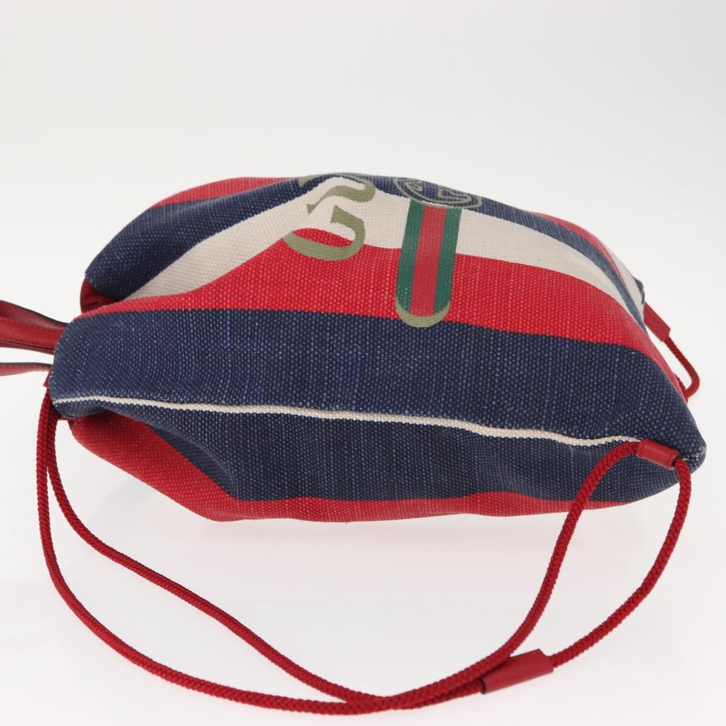 Gucci Logo Drawstring Backpack Striped Canvas Blue Canvas Backpack Bag (Authentic  )