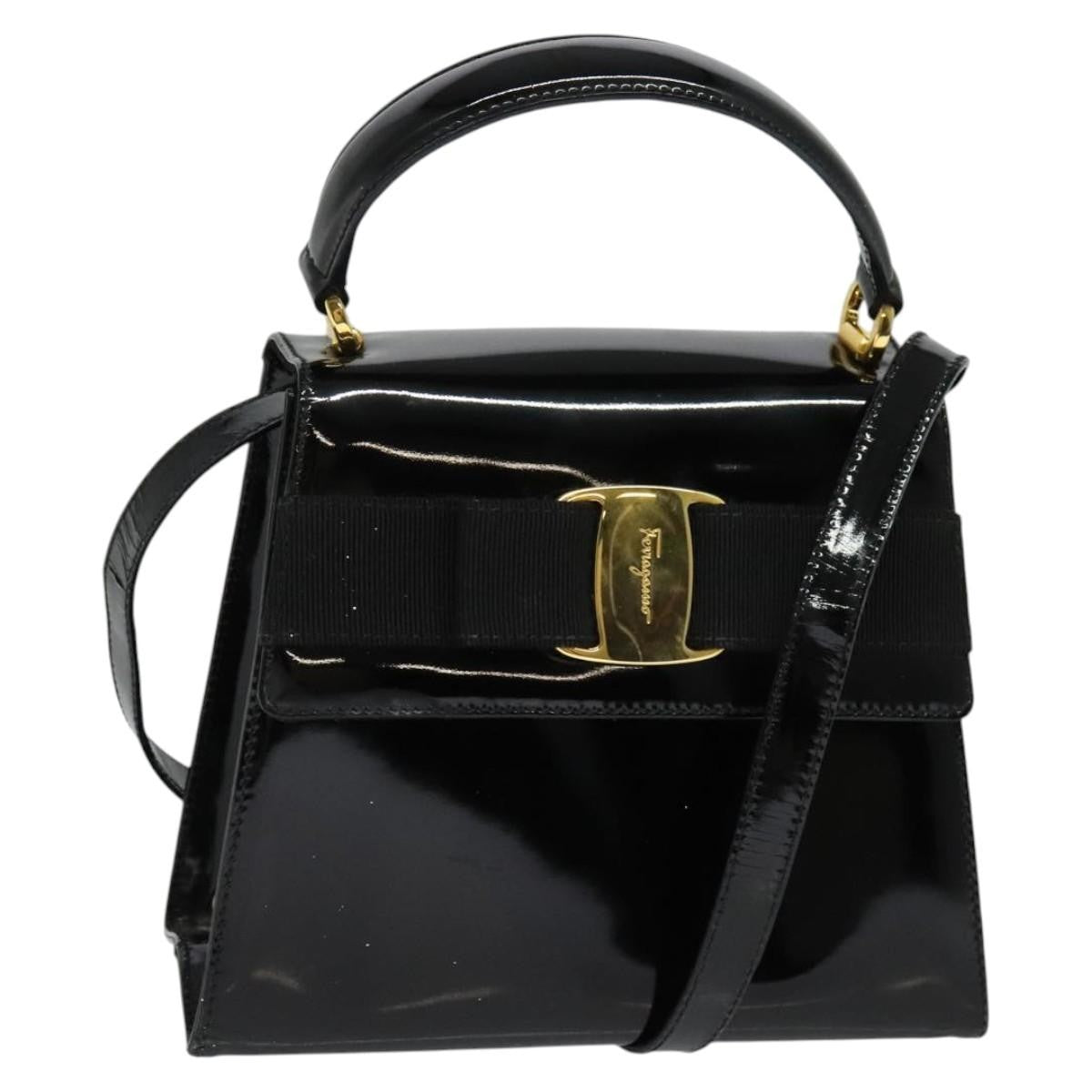 Salvatore Ferragamo Vintage Vara Bow Top Handle Bag Patent Leather Black Patent_Leather Handbag (Authentic  )