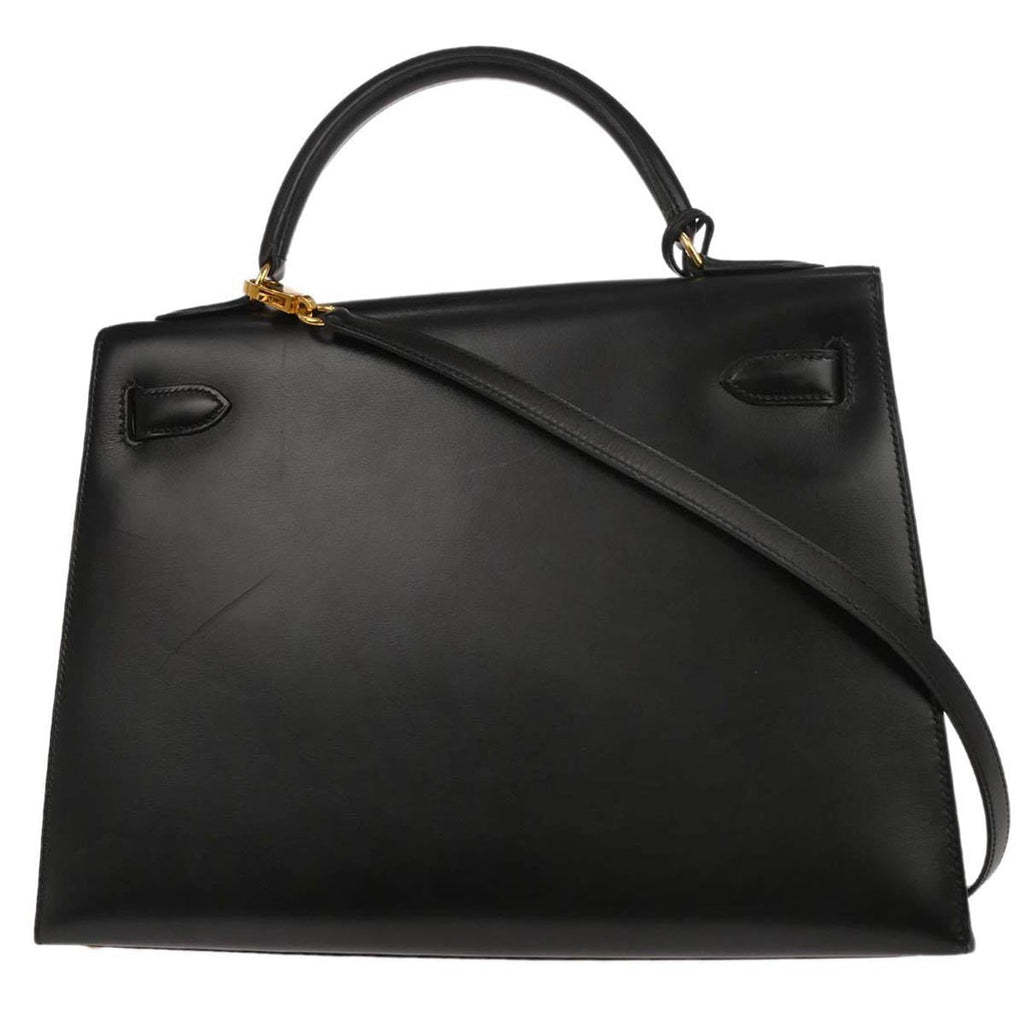 Hermes Kelly Handbag Black Box Calf With Gold Hardware Black Calfskin Handbag (Authentic  )