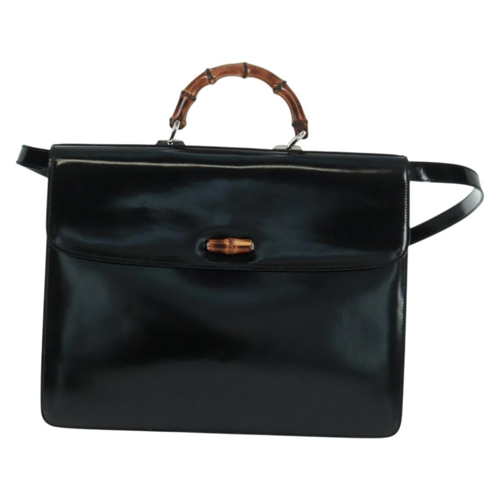 Gucci Vintage Bamboo Handle Bag Patent Leather Black Patent_Leather Handbag (Authentic  )