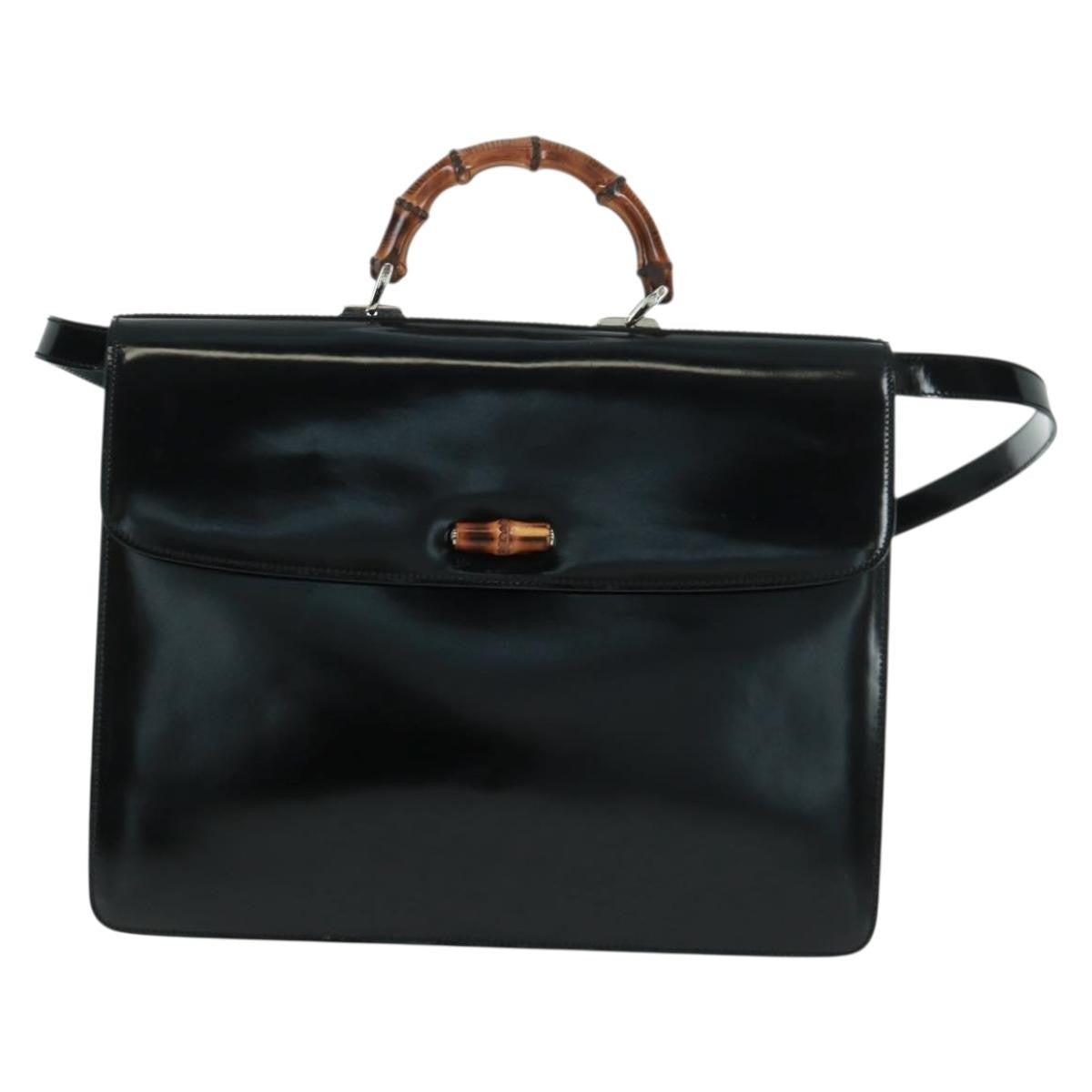 Gucci Vintage Bamboo Handle Bag Patent Leather Black Patent_Leather Handbag (Authentic  )