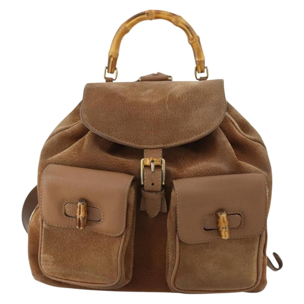 Gucci Vintage Bamboo Backpack Suede And Leather Brown Suede Backpack Bag (Authentic  )