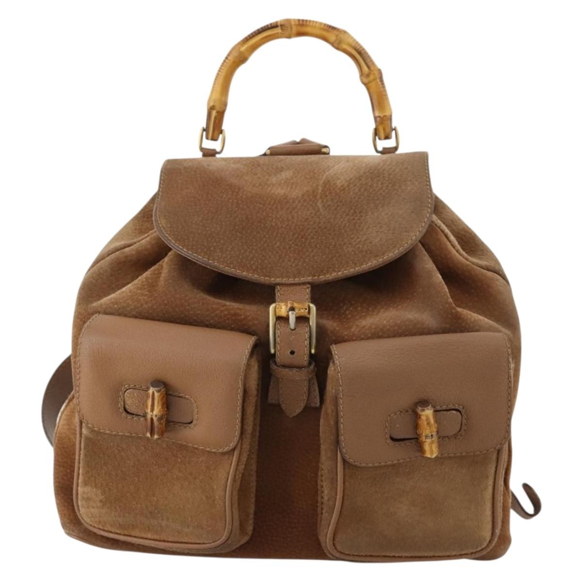 Gucci Vintage Bamboo Backpack Suede And Leather Brown Suede Backpack Bag (Authentic  )