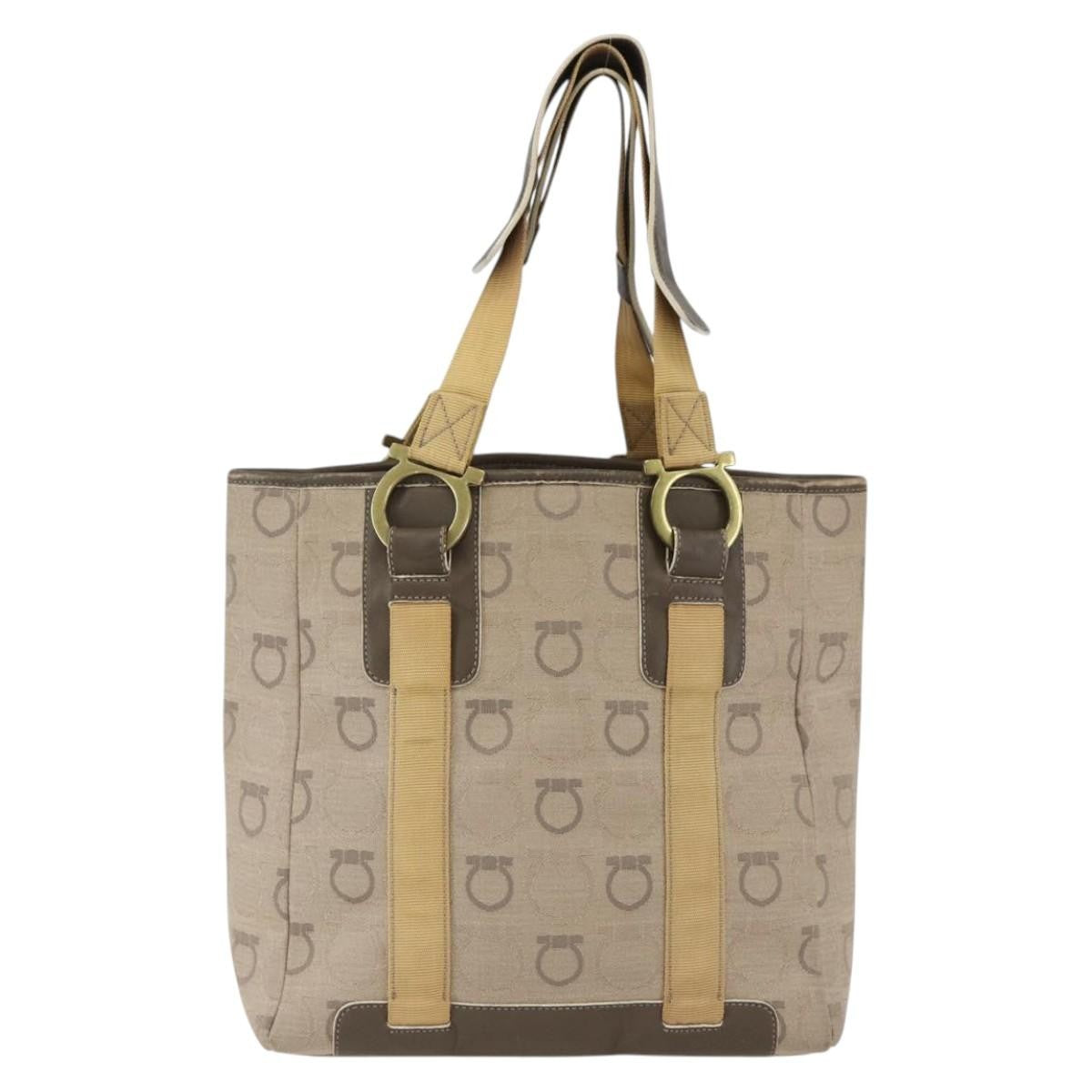 Salvatore Ferragamo Gancini Handbag Canvas Beige Canvas Handbag (Authentic  )
