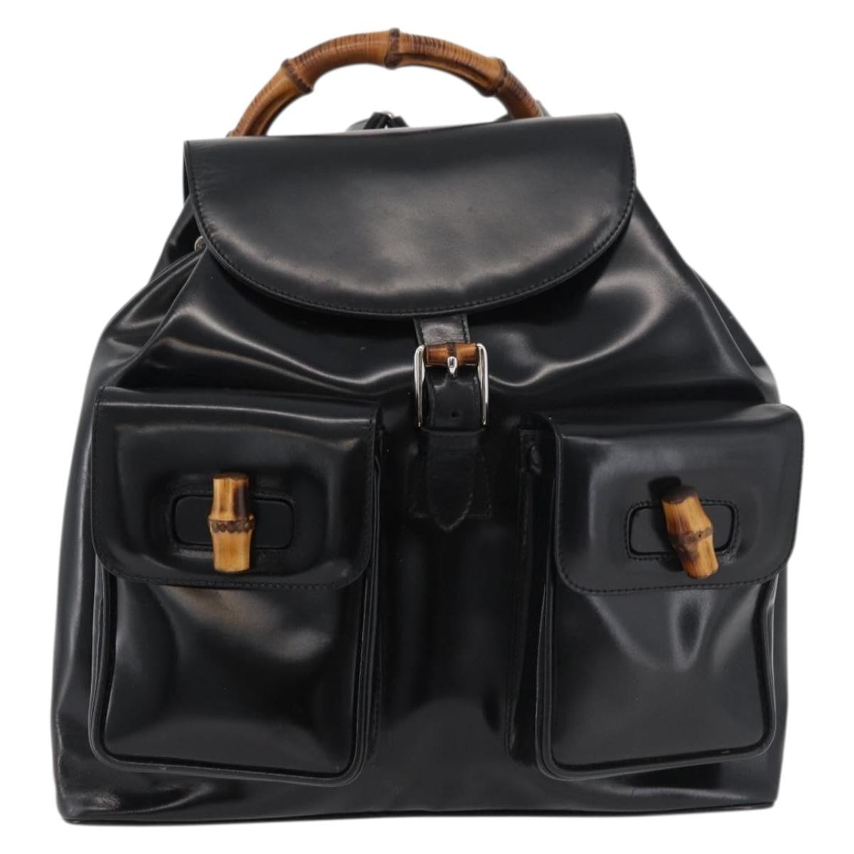 Gucci Vintage Bamboo Backpack Patent Leather Black Patent_Leather Backpack Bag (Authentic  )