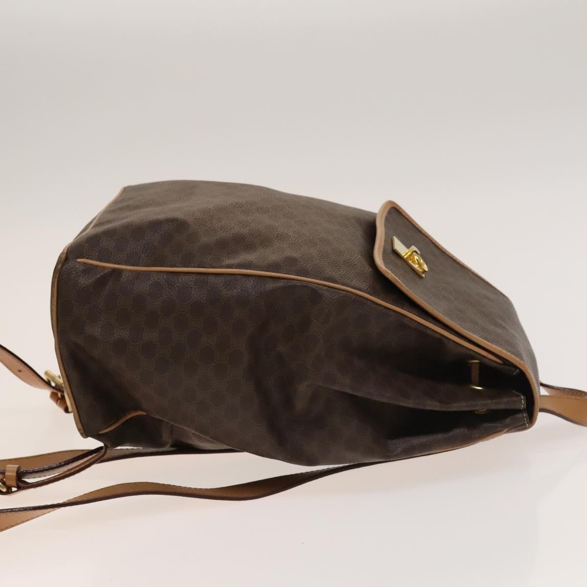 Celine Vintage Drawstring Flap Backpack Macadam Coated Canvas Brown Canvas Backpack Bag (Authentic  )