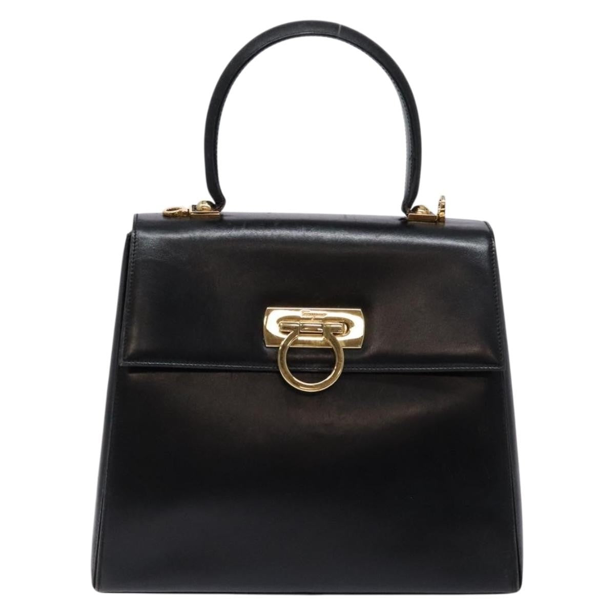 Salvatore Ferragamo Gancini Convertible Top Handle Bag Leather Black Leather Handbag (Authentic  )