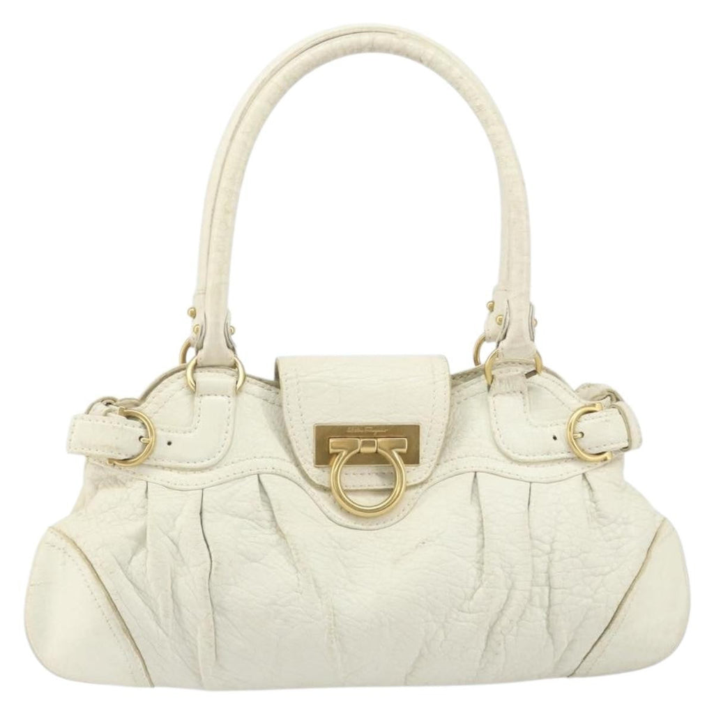 Salvatore Ferragamo Gancini Handbag Leather White Leather Handbag (Authentic  )