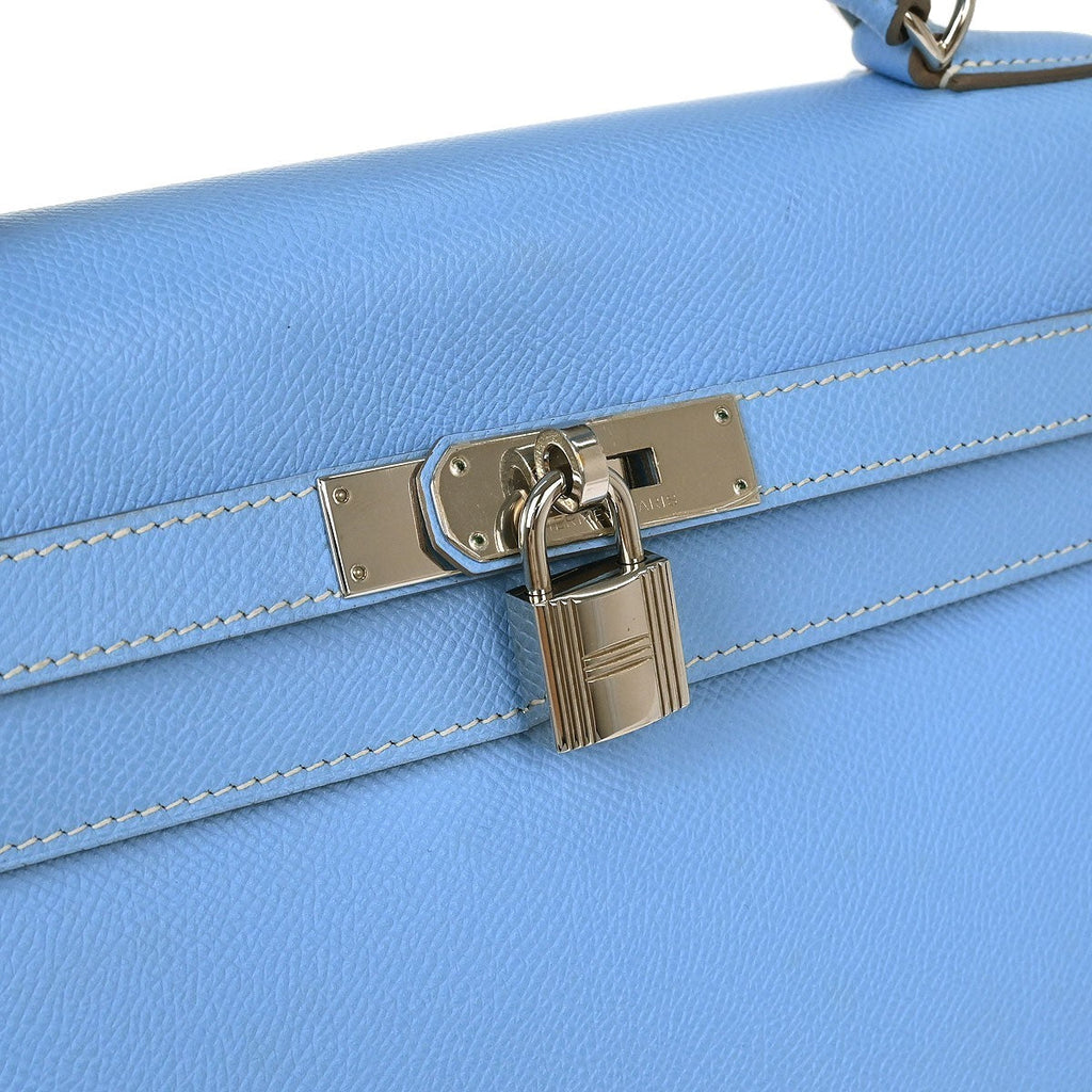 Hermes Kelly Handbag Blue Epsom With Palladium Hardware Blue Leather Handbag (Authentic  )